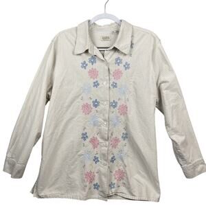 Classic Elements Women's 16-18W Floral Embroidered Striped Button Up Cottagecore